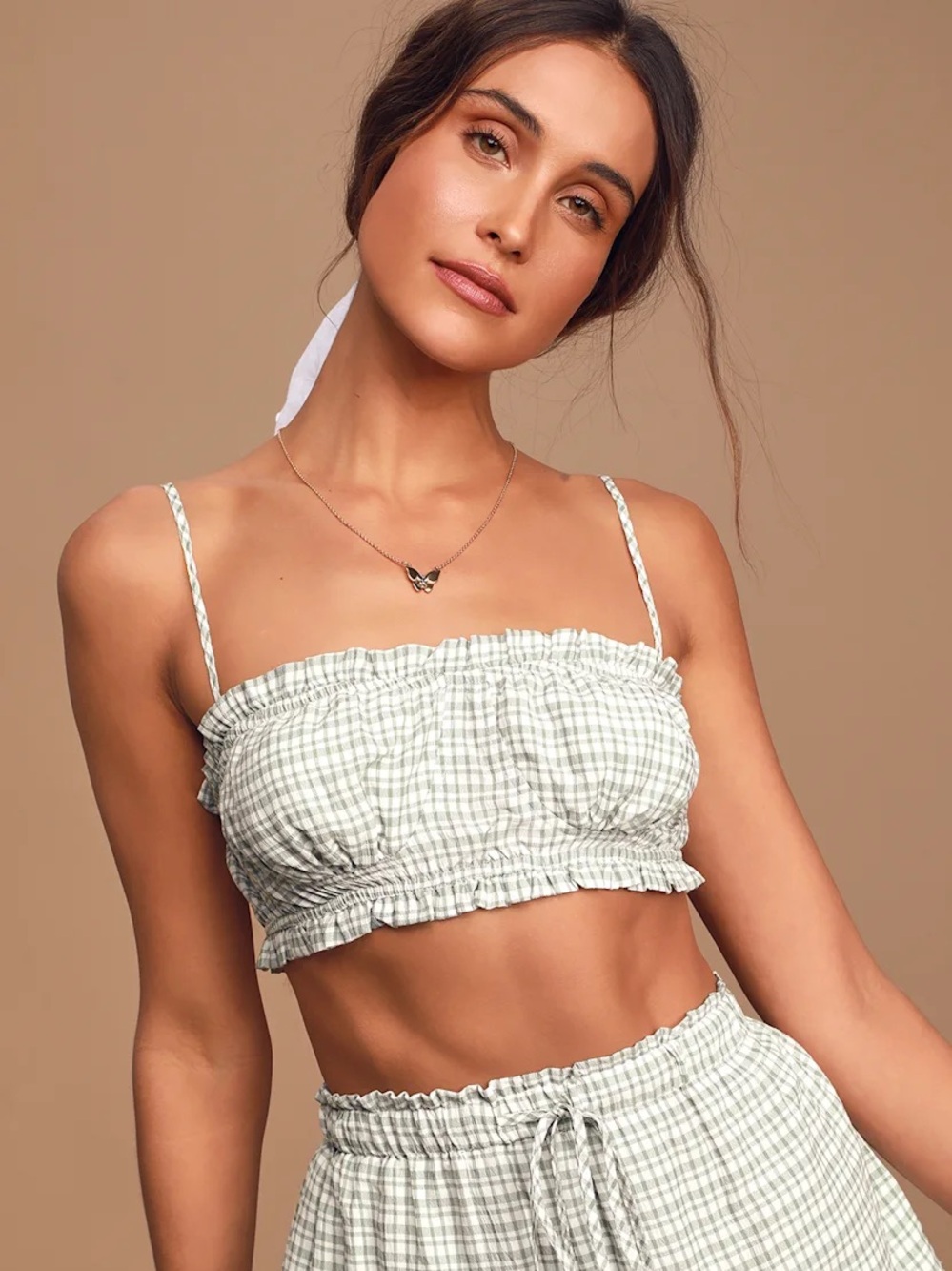 Lulu's Sage Green Gingham Smocked Crop Top